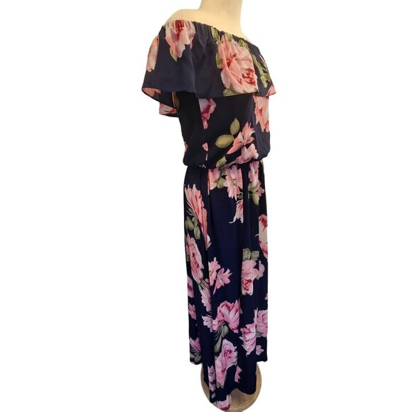 Rebecca B Flounce Off-Shoulder Maxi Dress Sz 6 Pink Floral on Navy Poly Spandex - Picture 5 of 11